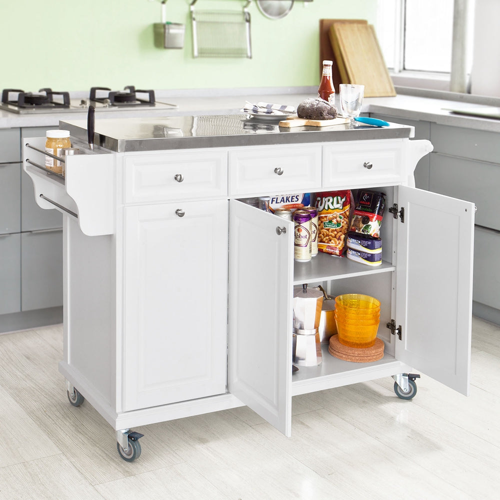 SoBuy FKW33-W Desserte de Cuisine à Roulettes XXL avec Plan de Travail INOX, 3 Tiroirs et Système de Tri des Déchets, Charge 50 kg – 133x48x95 cm, Blanc