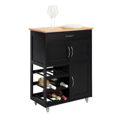SoBuy FKW45-SCH Desserte de Cuisine sur Roulettes avec Casier à Vin – Plan de Travail Bois Massif, 1 Tiroir, 2 Portes, Noir, 