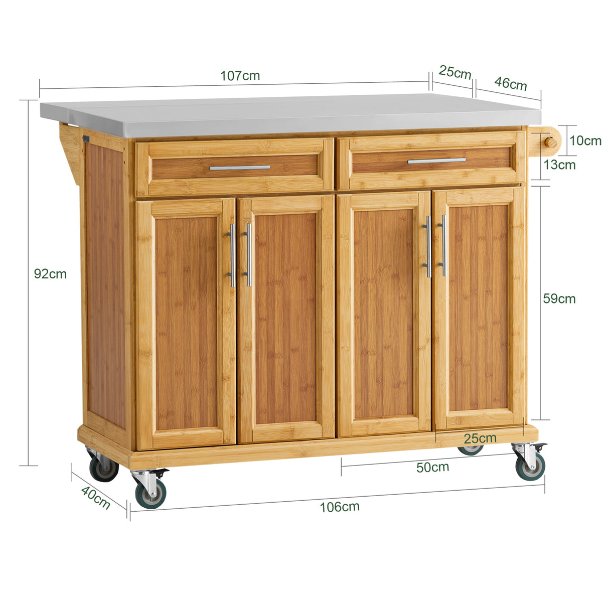 SoBuy FKW69-N Cărucior de Bucătărie cu Roți, Blat Extensibil din Inox 46→71cm, 2 Sertare și Rafturi Reglabile, Sarcină 100 kg – 115x46x92 cm, Natural