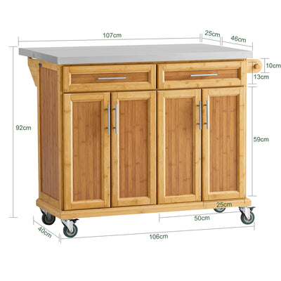 SoBuy FKW69-N Cărucior de Bucătărie cu Roți, Blat Extensibil din Inox 46→71cm, 2 Sertare și Rafturi Reglabile, Sarcină 100 kg – 115x46x92 cm, Natural