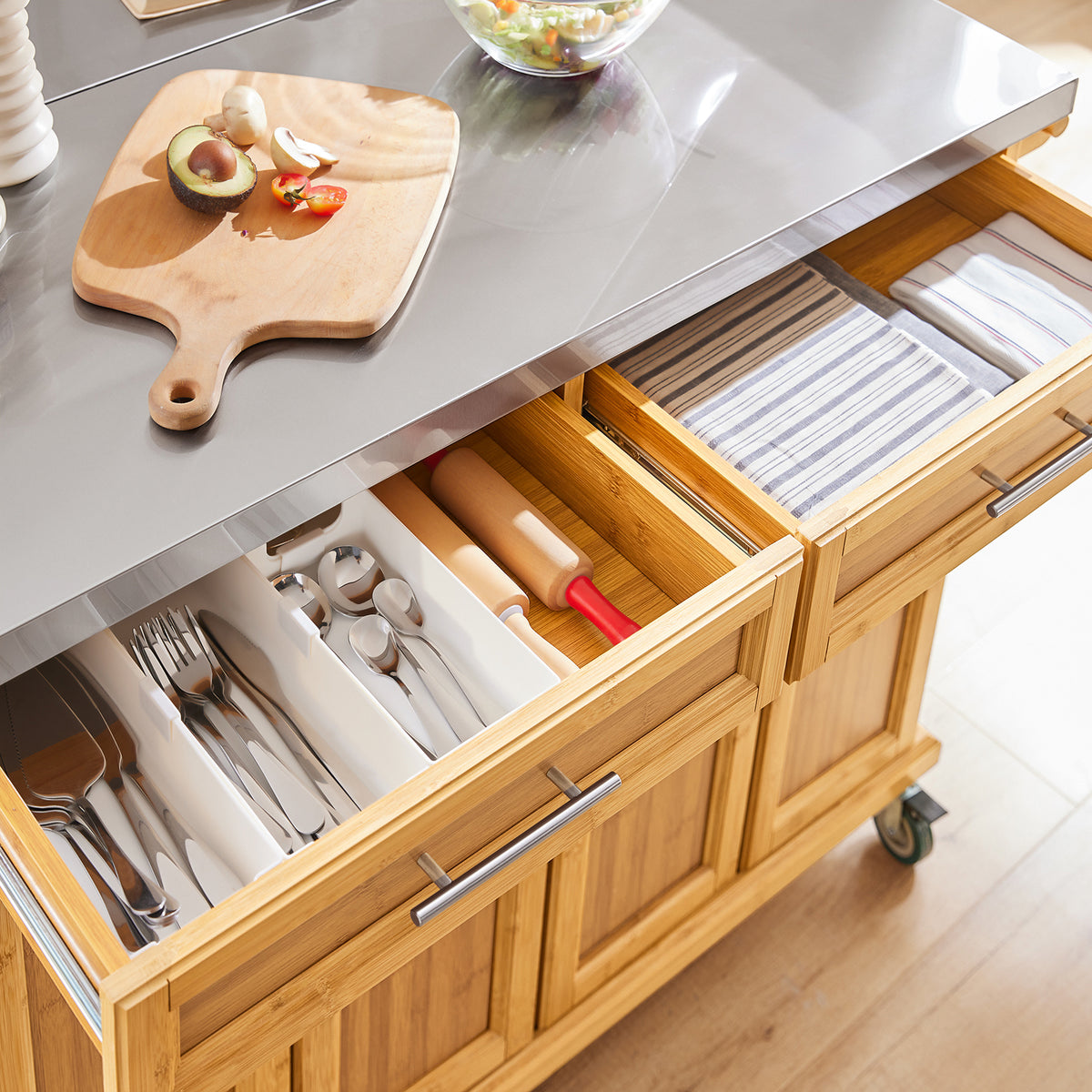 SoBuy FKW69-N Cărucior de Bucătărie cu Roți, Blat Extensibil din Inox 46→71cm, 2 Sertare și Rafturi Reglabile, Sarcină 100 kg – 115x46x92 cm, Natural