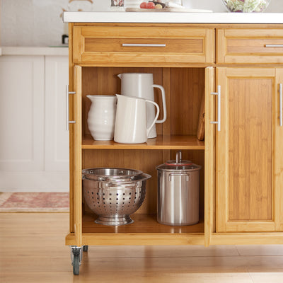SoBuy FKW69-N Cărucior de Bucătărie cu Roți, Blat Extensibil din Inox 46→71cm, 2 Sertare și Rafturi Reglabile, Sarcină 100 kg – 115x46x92 cm, Natural