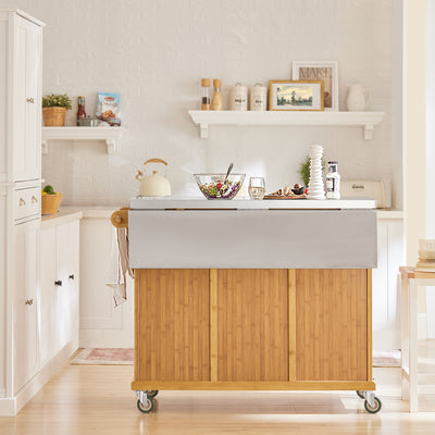 SoBuy FKW69-N Cărucior de Bucătărie cu Roți, Blat Extensibil din Inox 46→71cm, 2 Sertare și Rafturi Reglabile, Sarcină 100 kg – 115x46x92 cm, Natural
