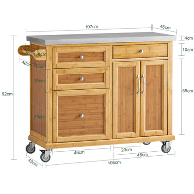 SoBuy FKW70-N Insulă de Bucătărie pe Roți, Blat de Lucru din INOX, 4 Sertare, Cărucior Mobil cu Spații de Depozitare – 115x46x92cm, Natur