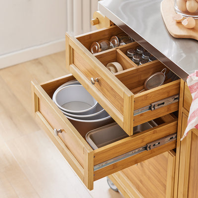SoBuy FKW70-N Insulă de Bucătărie pe Roți, Blat de Lucru din INOX, 4 Sertare, Cărucior Mobil cu Spații de Depozitare – 115x46x92cm, Natur