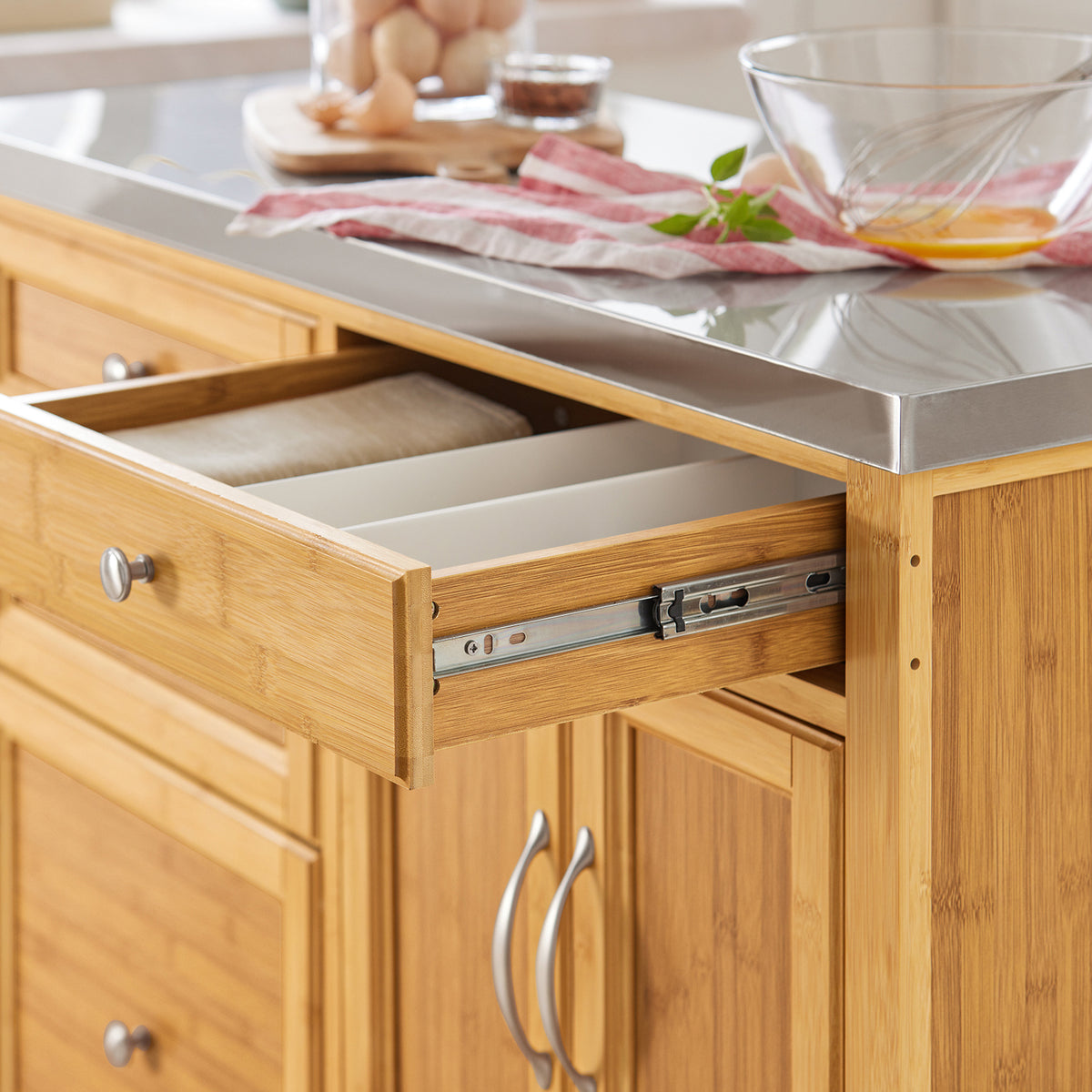 SoBuy FKW70-N Insulă de Bucătărie pe Roți, Blat de Lucru din INOX, 4 Sertare, Cărucior Mobil cu Spații de Depozitare – 115x46x92cm, Natur