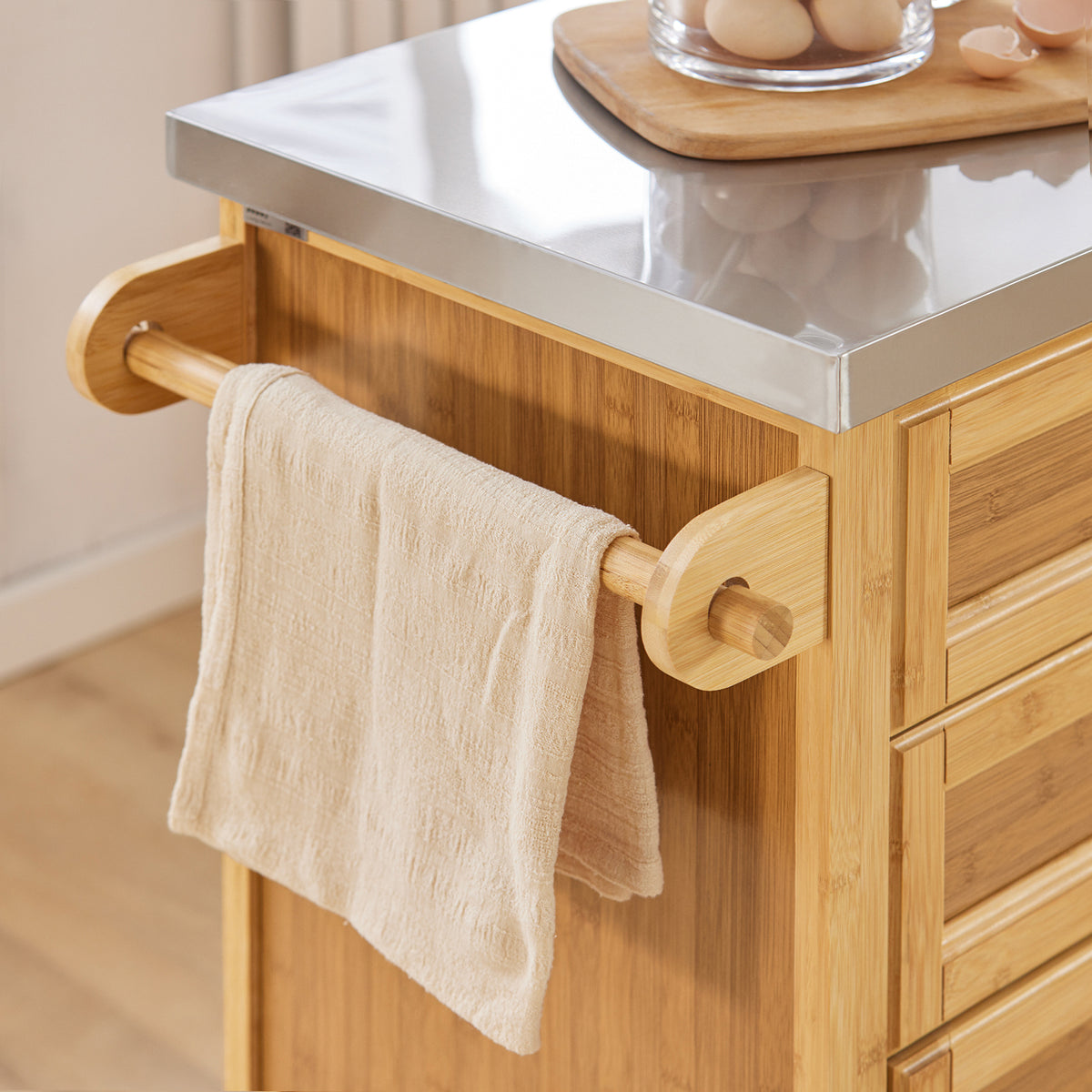 SoBuy FKW70-N Insulă de Bucătărie pe Roți, Blat de Lucru din INOX, 4 Sertare, Cărucior Mobil cu Spații de Depozitare – 115x46x92cm, Natur