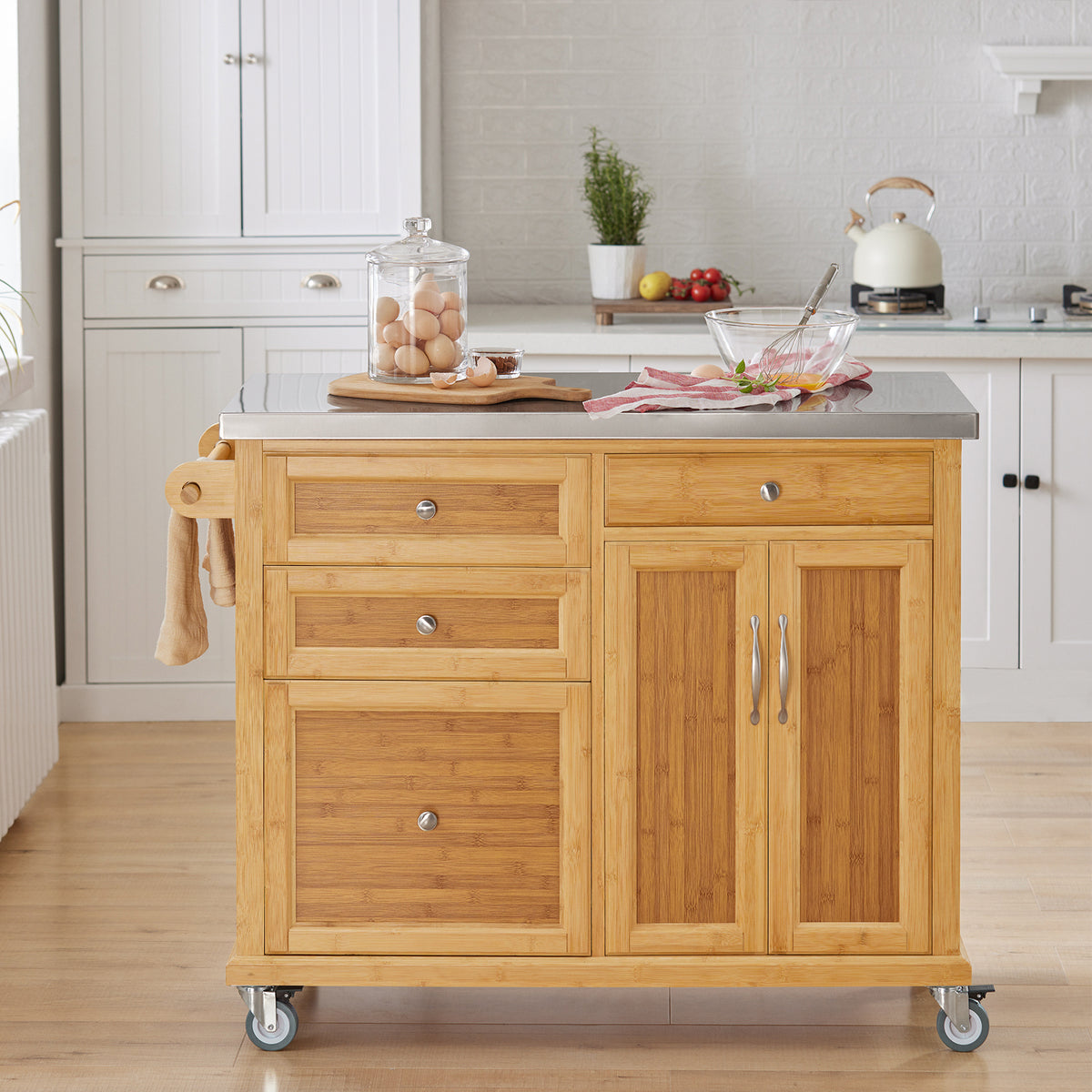 SoBuy FKW70-N Insulă de Bucătărie pe Roți, Blat de Lucru din INOX, 4 Sertare, Cărucior Mobil cu Spații de Depozitare – 115x46x92cm, Natur
