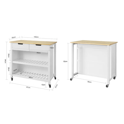 SoBuy FKW74-WN Cărucior de bucătărie cu roți, cu blat de lucru, 2 sertare și 2 rafturi, suport pentru cuptorul cu microunde, sarcină 60 kg – 100x60x94 cm, Alb și Natur