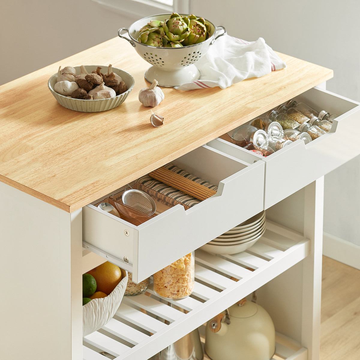 SoBuy FKW74-WN Cărucior de bucătărie cu roți, cu blat de lucru, 2 sertare și 2 rafturi, suport pentru cuptorul cu microunde, sarcină 60 kg – 100x60x94 cm, Alb și Natur