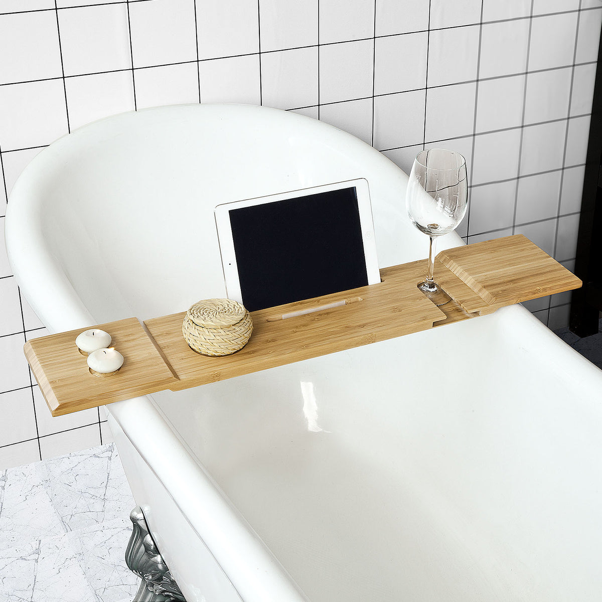 SoBuy FRG104-L-N Pont de Baignoire en Bambou Porte Savon et Gel Douche Serviteur de Baignoire