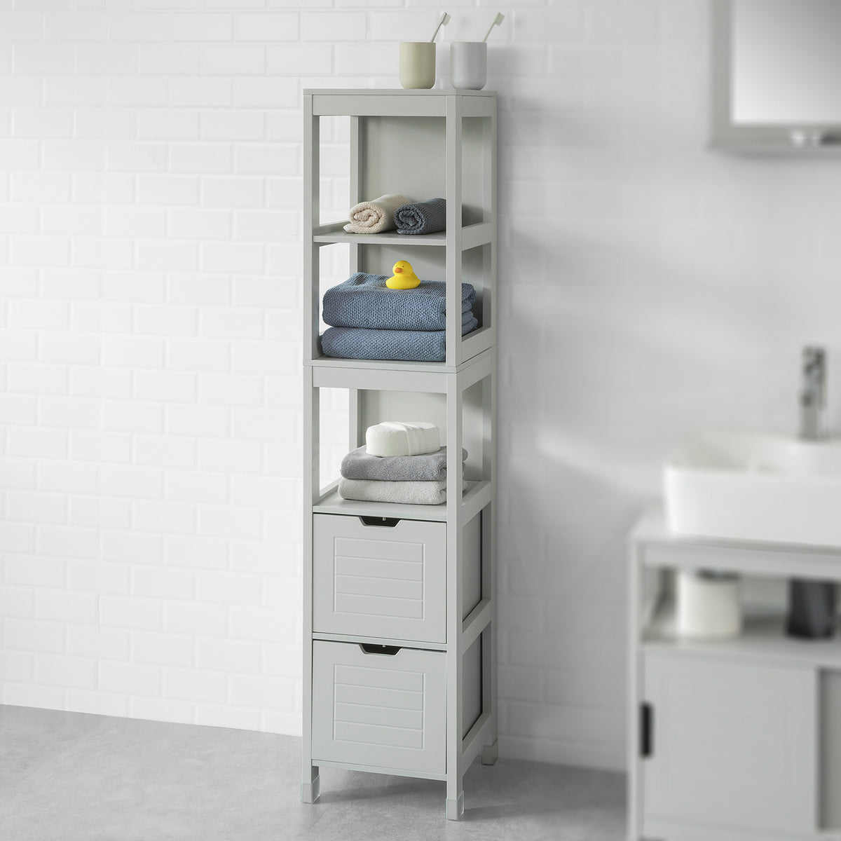 SoBuy FRG126-HG Meuble Colonne de Salle de Bain Armoire Haute – 4 étagères et 2 tiroirs -Gris Clair