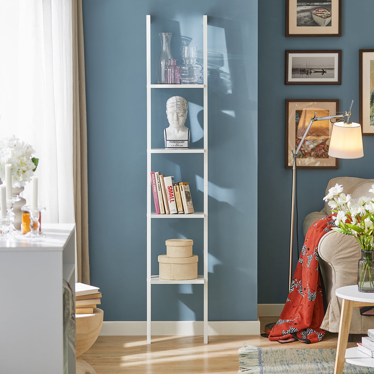 SoBuy FRG15-W Bibliotecă etajeră de perete tip scară, Etajeră scară cu 4 niveluri - Alb 33 x 180 cm