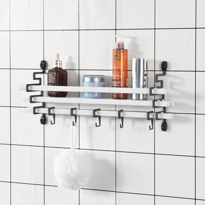 SoBuy FRG173-W Etajeră de perete, cu design modern și 5 cârlige mobile, pentru bucătărie sau baie