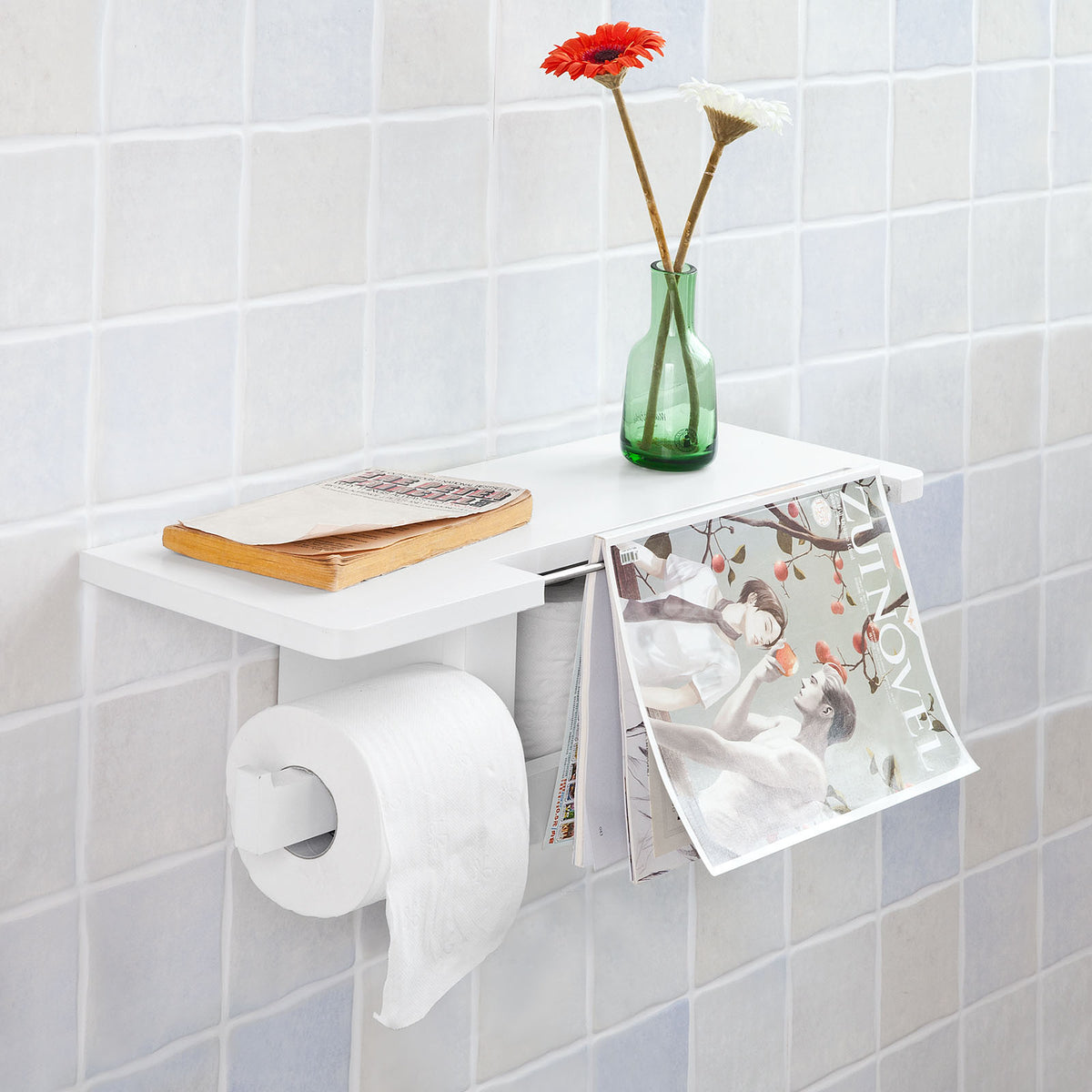SoBuy FRG175-W Suport hârtie igienică, dozator WC, suport de perete cu raft pentru smartphone și reviste