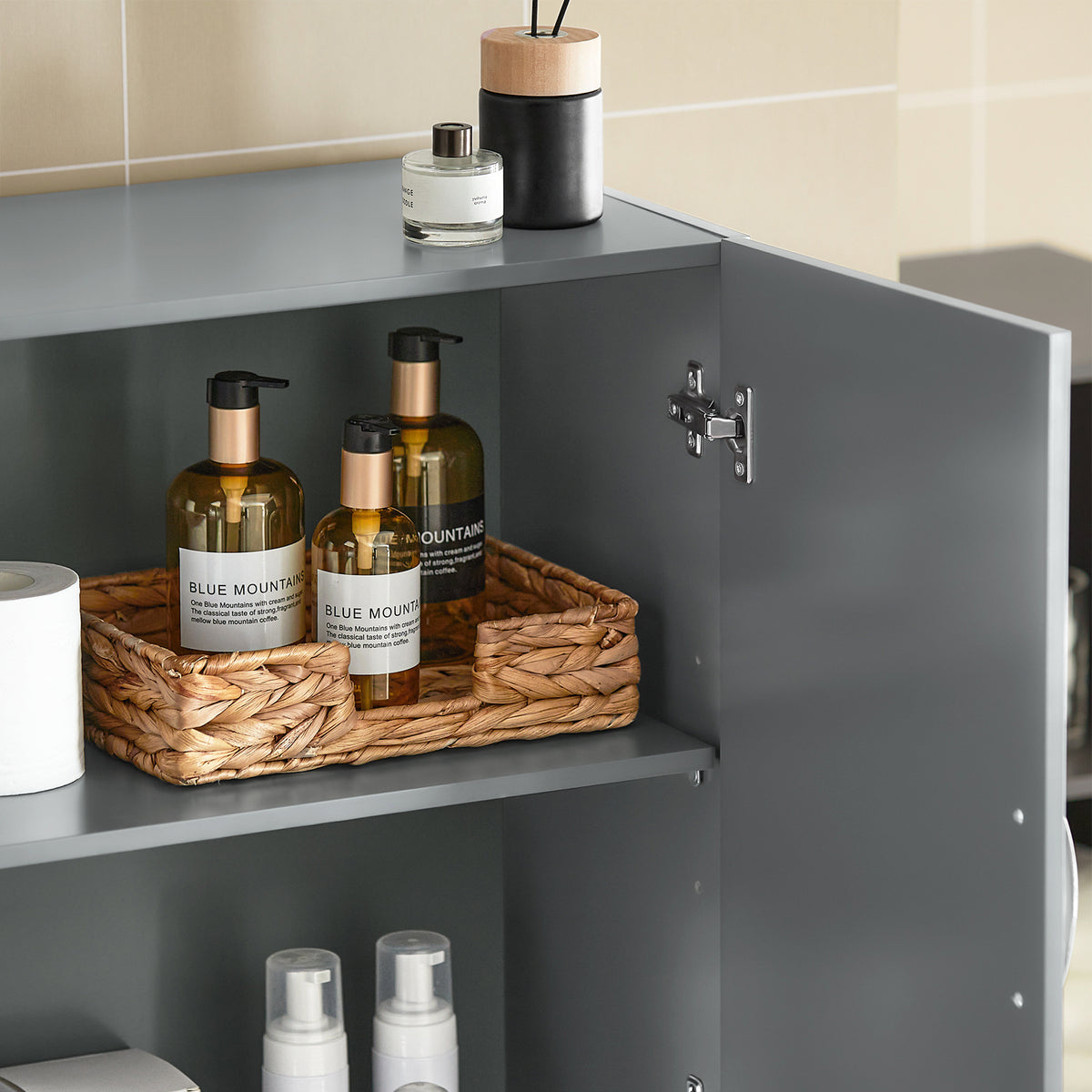 SoBuy FRG231-DG Meuble Haut Salle de Bain Suspendu Armoire Murale avec Étagère Réglable et Porte Rangement Mural Compact pour Salle de Bain, WC ou Cuisine Gris 60x30x60 cm