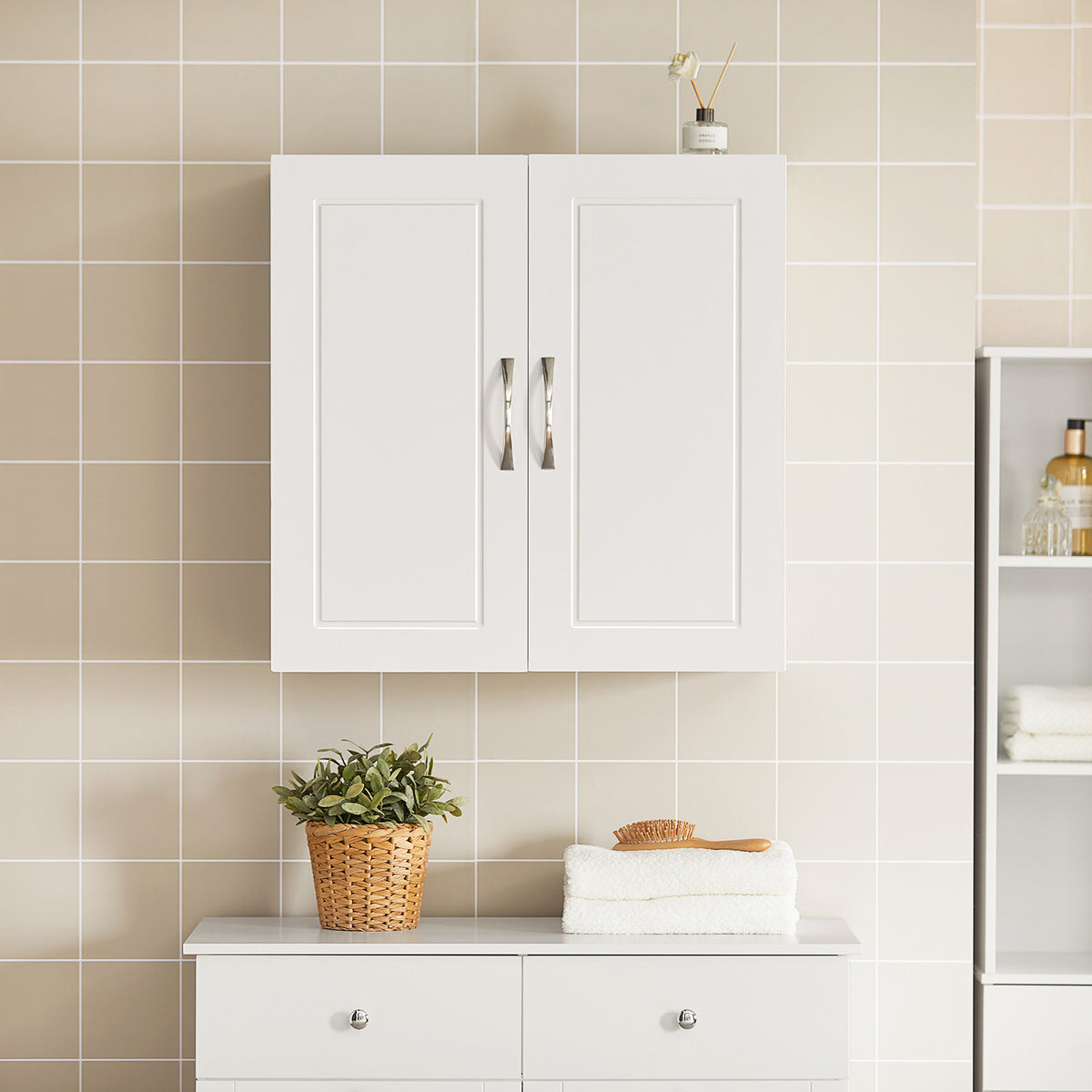 SoBuy FRG231-W Dulap Superior de Baie Suspendat, Dulap de Perete cu Raft Reglabil și Ușă, Raft Compact de Perete pentru Baie, WC sau Bucătărie, Alb 60x30x60 cm
