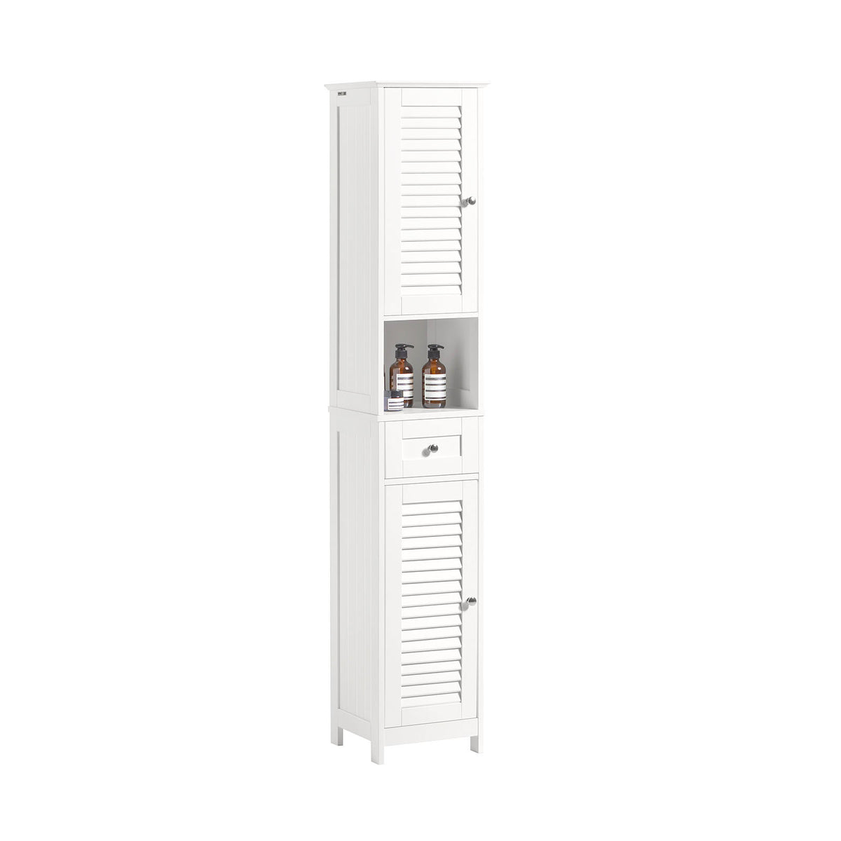 SoBuy FRG236-W Colonne de Salle de Bain – 32 cm, 2 Portes Persiennes, Tiroir et Niche, Blanc
