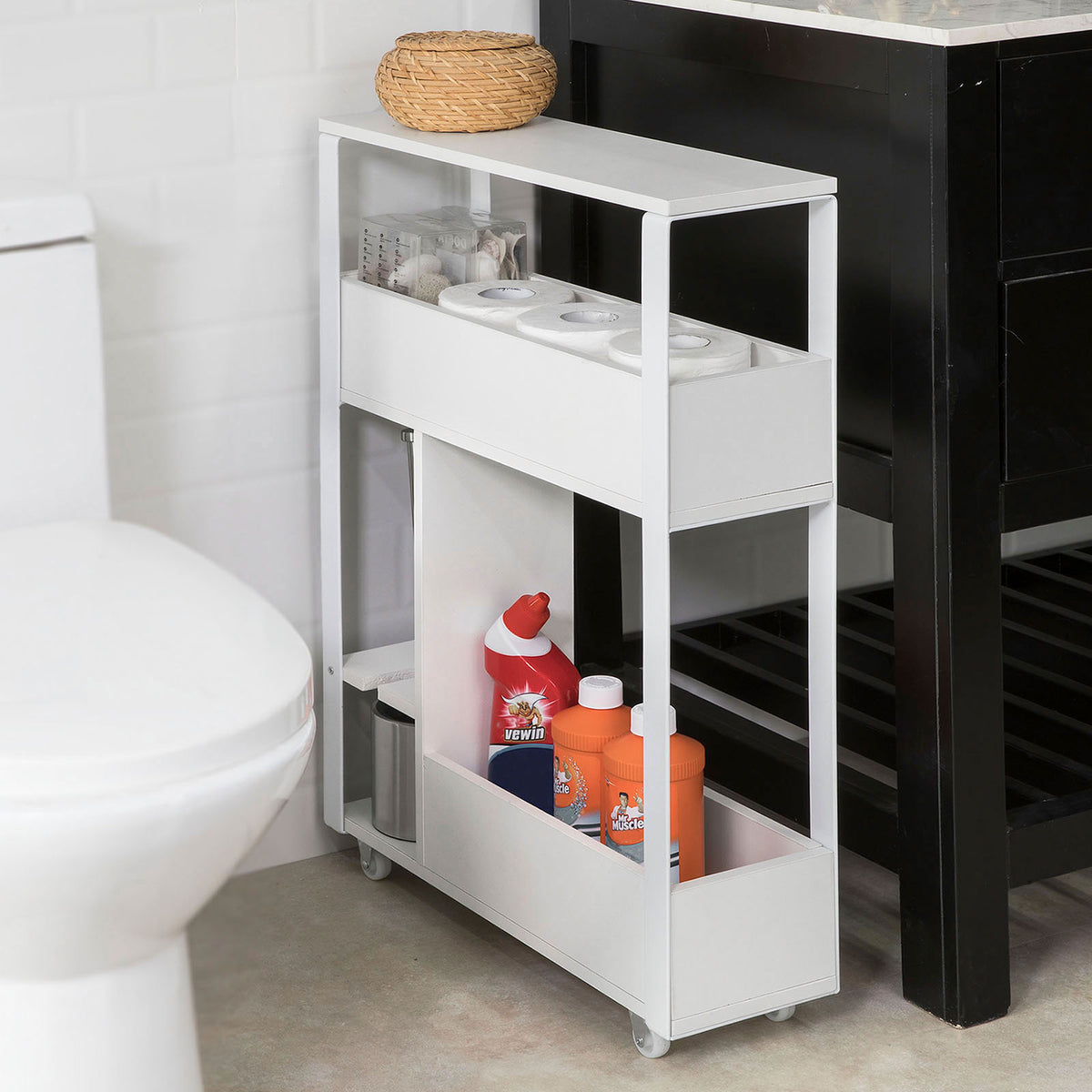 SoBuy FRG270-W Dulap de depozitare pentru baie Suport hârtie igienică Mobilier WC