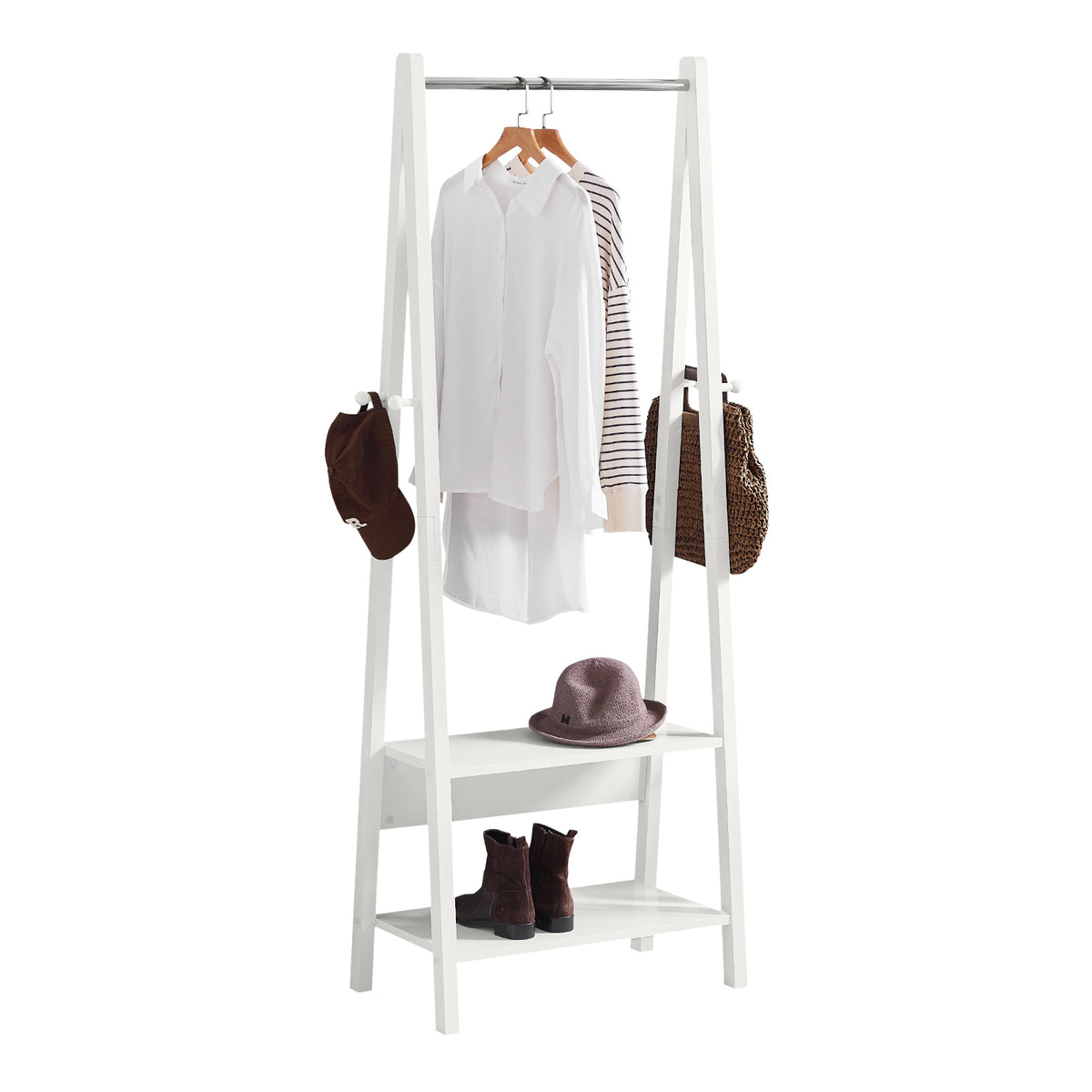 SoBuy FRG59-W Porte-Vêtement en Bois Penderie à Vêtement Porte-Manteau avec Deux Étagères