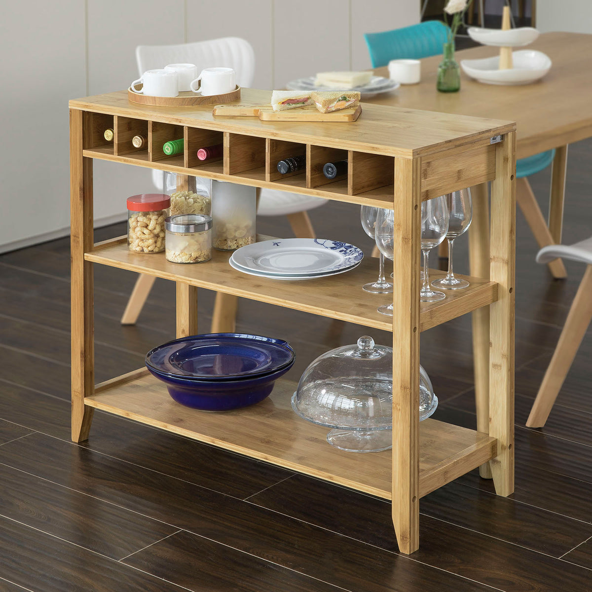 SoBuy FSB14-N able Console Table d’Appoint en Bambou avec Porte-Bouteilles et 2 Étagères