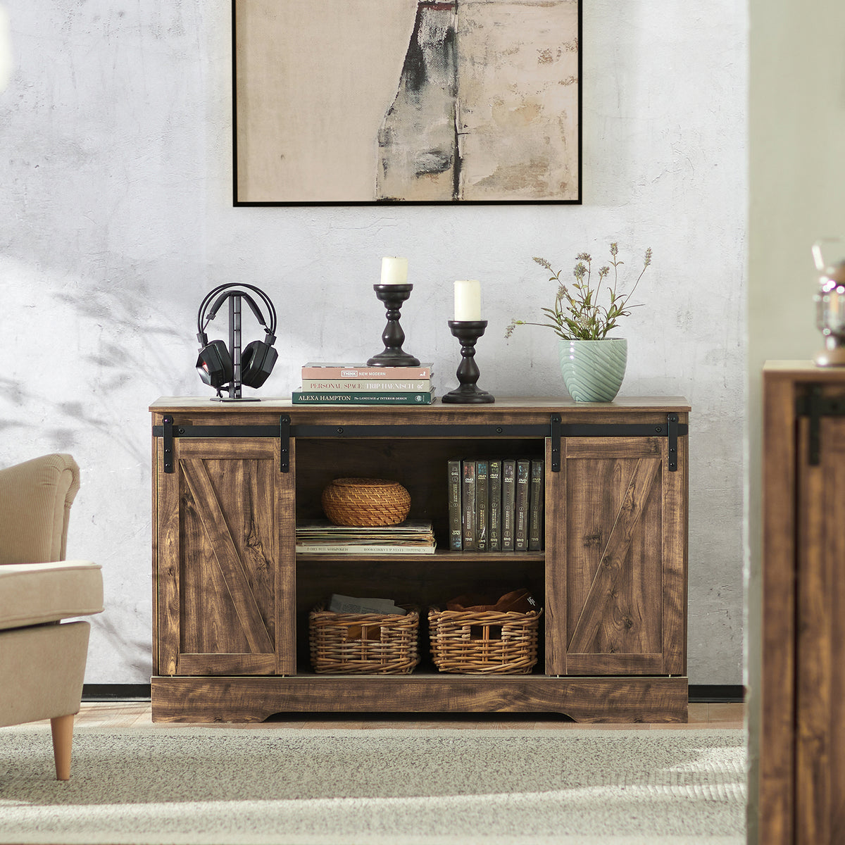SoBuy FSB60-N Buffet Cuisine avec Porte de Grange Coulissante et 2 Étagères Réglables – L120×P40×H70 cm, Charge 50 kg, Panneaux E1, Naturel