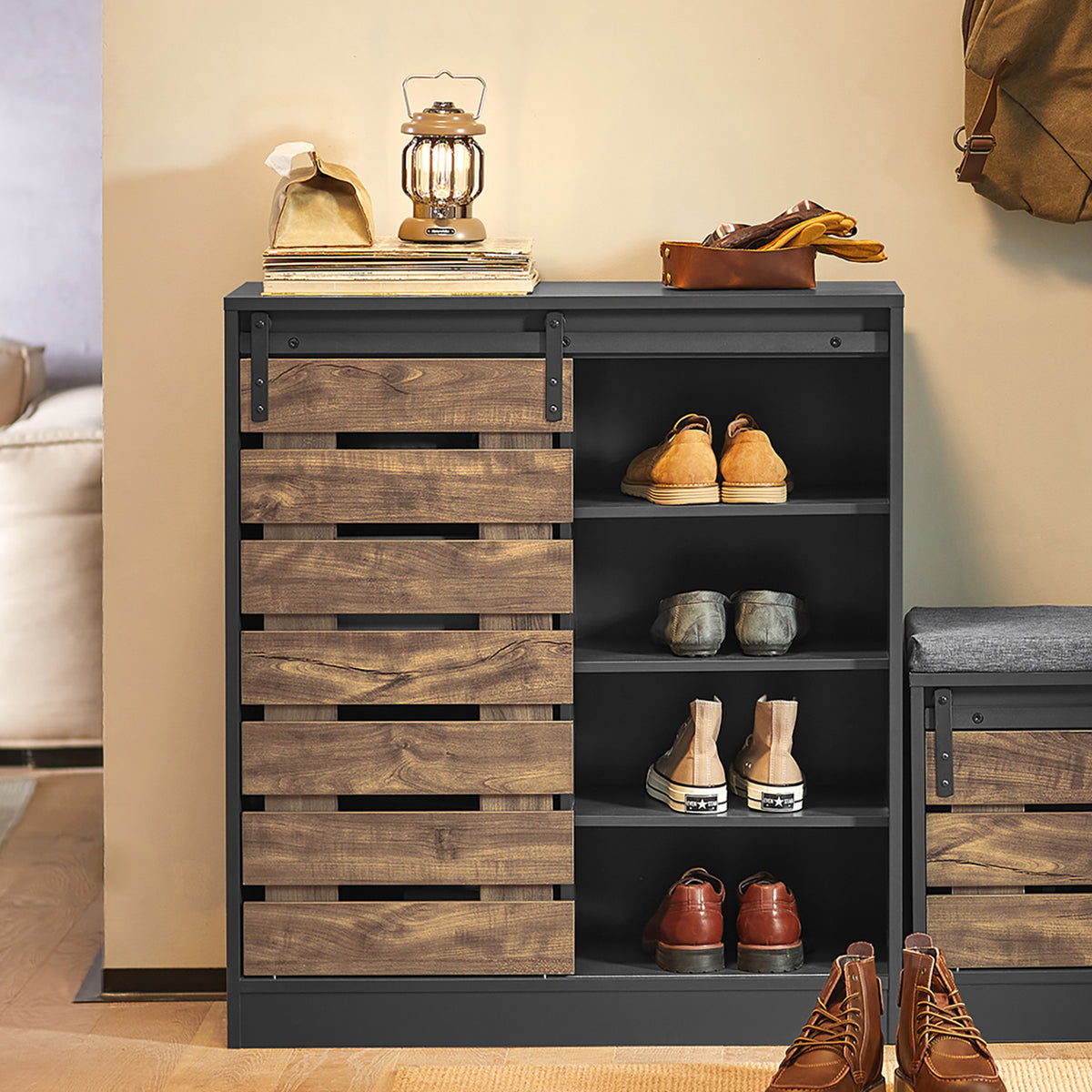 SoBuy FSB65-HG Buffet Meuble de Rangement avec Porte de Grange Coulissante, Commode Multifonction pour Entrée Salon Cuisine – 80x35x89 cm, Gris