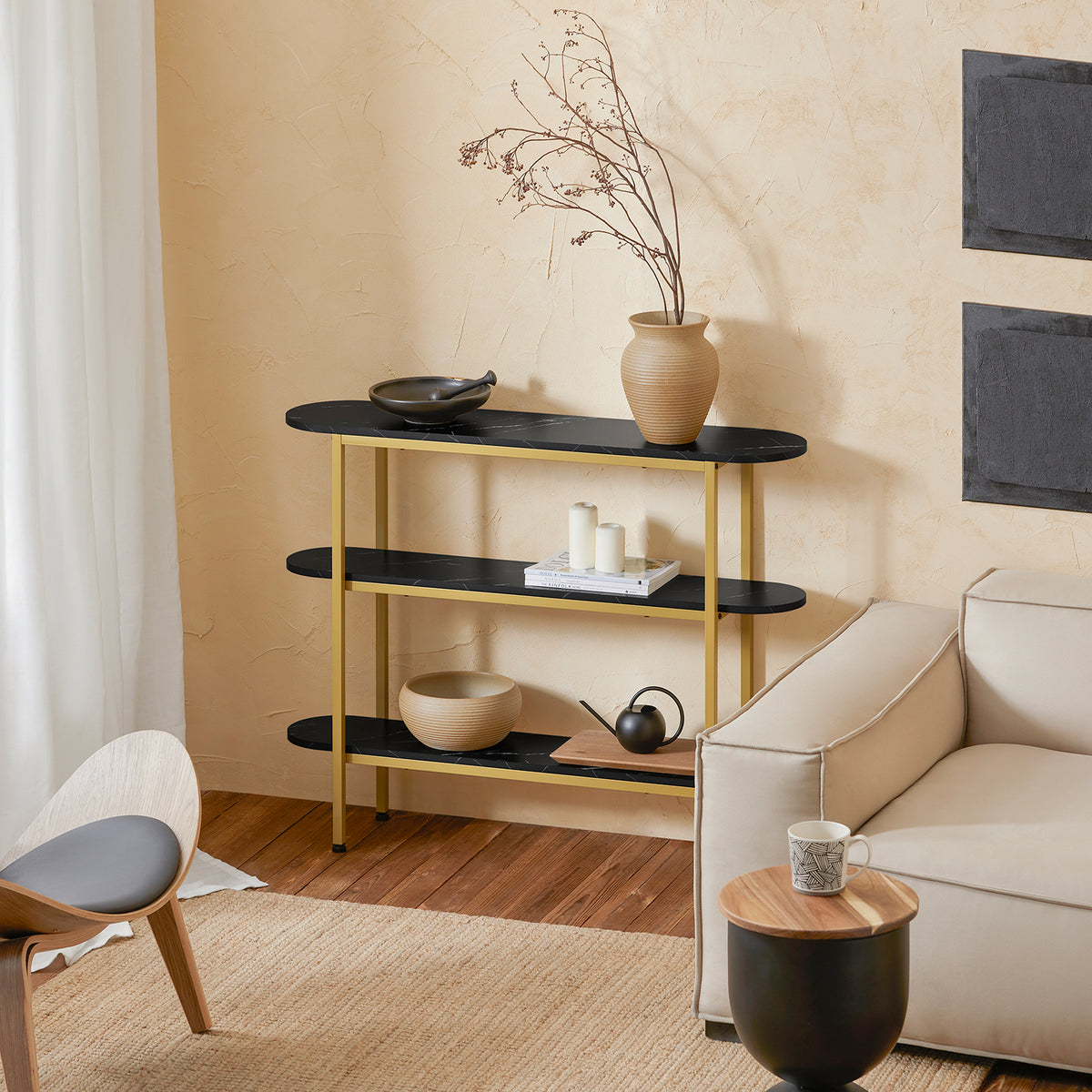 SoBuy FSB66-SCH Table Console Table d'Appoint Table d’Entrée Bout de Canapé à 3 Niveaux Effet Marbre Cadre en Métal