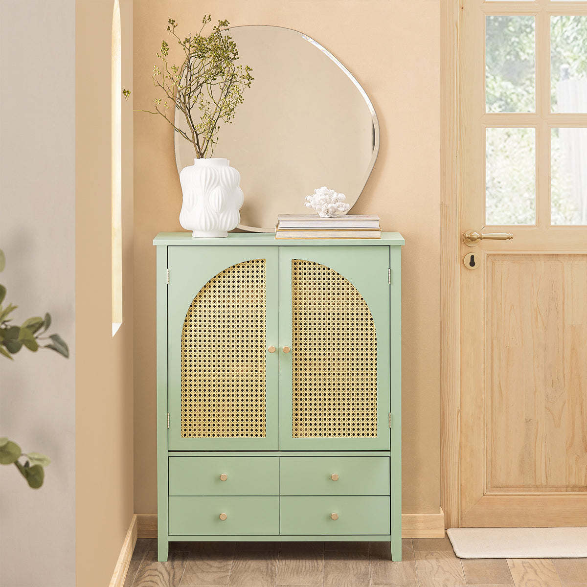 SoBuy FSB72-GR Dulap de Intrare Rattan Verde – 4 Sertare, Stil Boem Natural