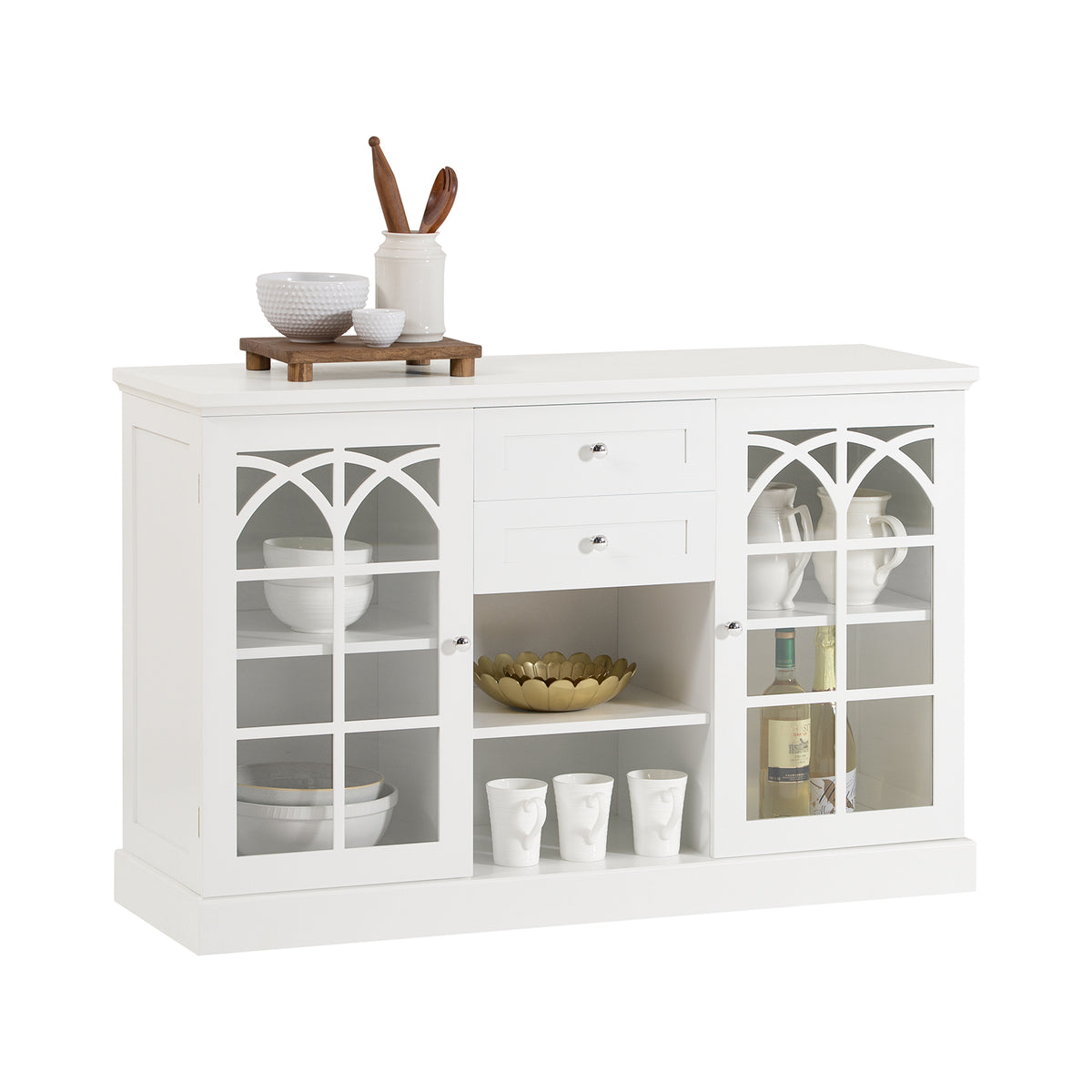 SoBuy FSB79-W Buffet Commode Dressoir Armoire de Cuisine Multi-Rangement avec 2 Portes Vitrées, 2 Tiroirs, 2 Compartiment, Me