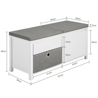 SoBuy FSR101-W Banc à Chaussures avec Coussin Rembourré, Tiroir, Panier, Porte et 2 Étagères pour Entrée – 91x36x46 cm, Blanc
