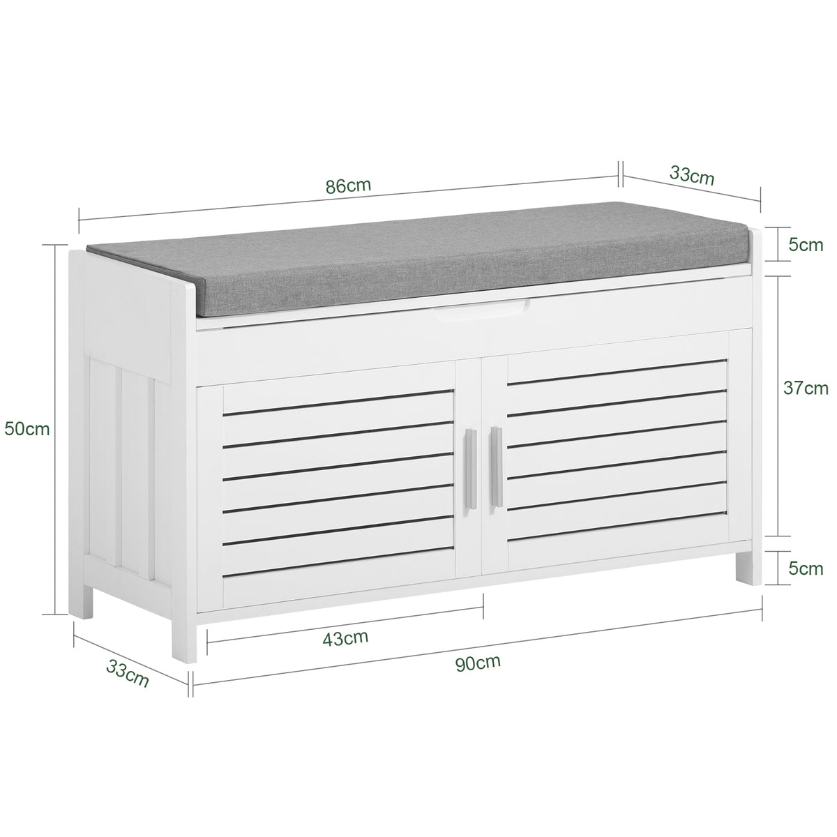 SoBuy FSR102-W Banc pentru Pantofi cu Pernă Căptușită, Ladă și 2 Uși de Depozitare pentru Hol – 90x33x50 cm, Alb