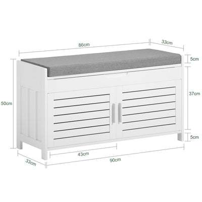 SoBuy FSR102-W Banc pentru Pantofi cu Pernă Căptușită, Ladă și 2 Uși de Depozitare pentru Hol – 90x33x50 cm, Alb
