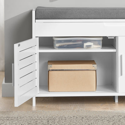 SoBuy FSR102-W Banc pentru Pantofi cu Pernă Căptușită, Ladă și 2 Uși de Depozitare pentru Hol – 90x33x50 cm, Alb