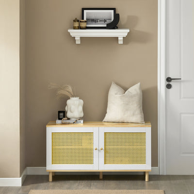 SoBuy FSR103-WN Banc de Rangement, Banc à Chaussures, Meuble d’Entrée, Meuble Bas, Coffre de Rangement avec 2 Portes en Ploy Rotin