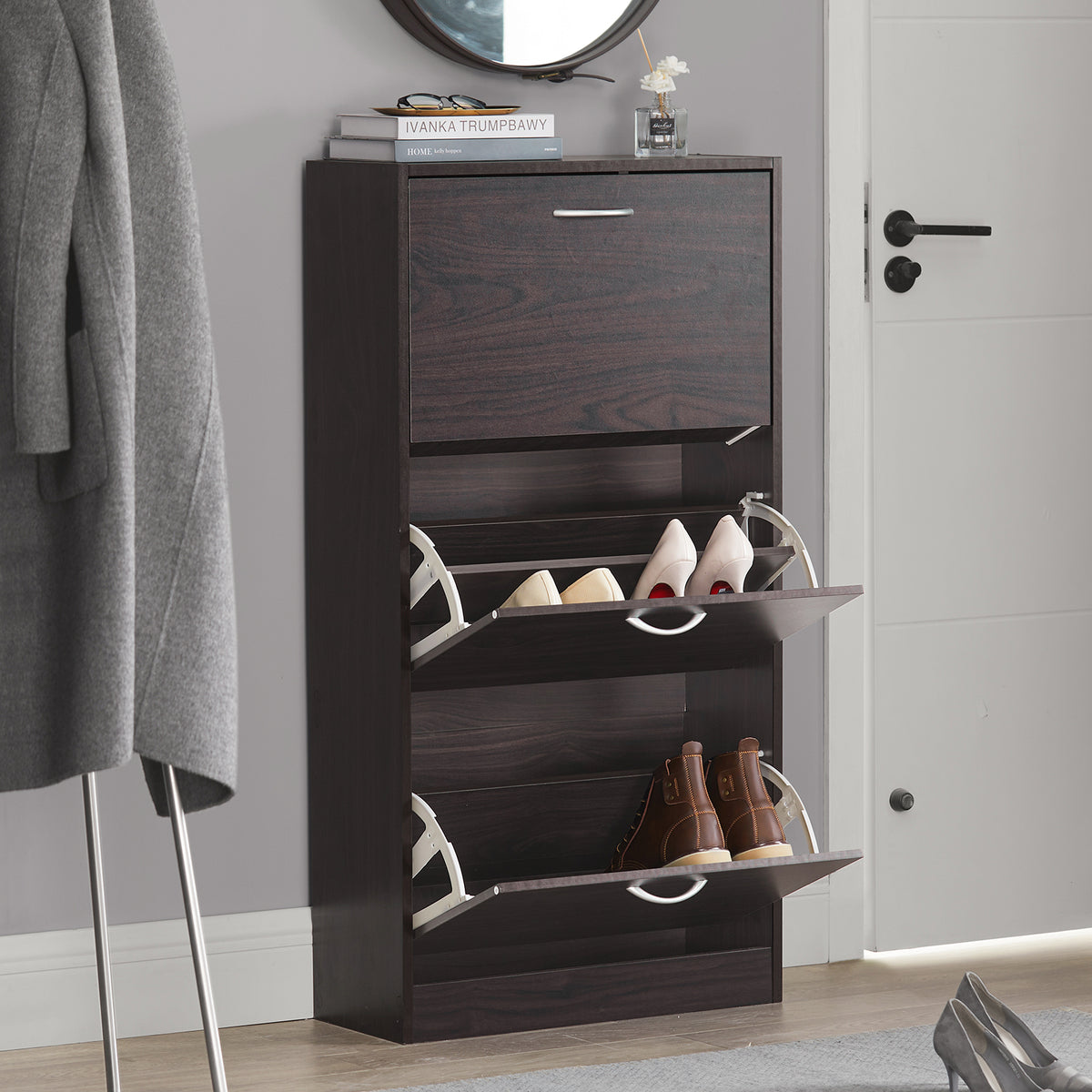 SoBuy FSR110-BR Dulap de Pantofi cu 3 Uși Rabatabile, Organizator pentru Hol Intrare – 60x24x115 cm, Maro