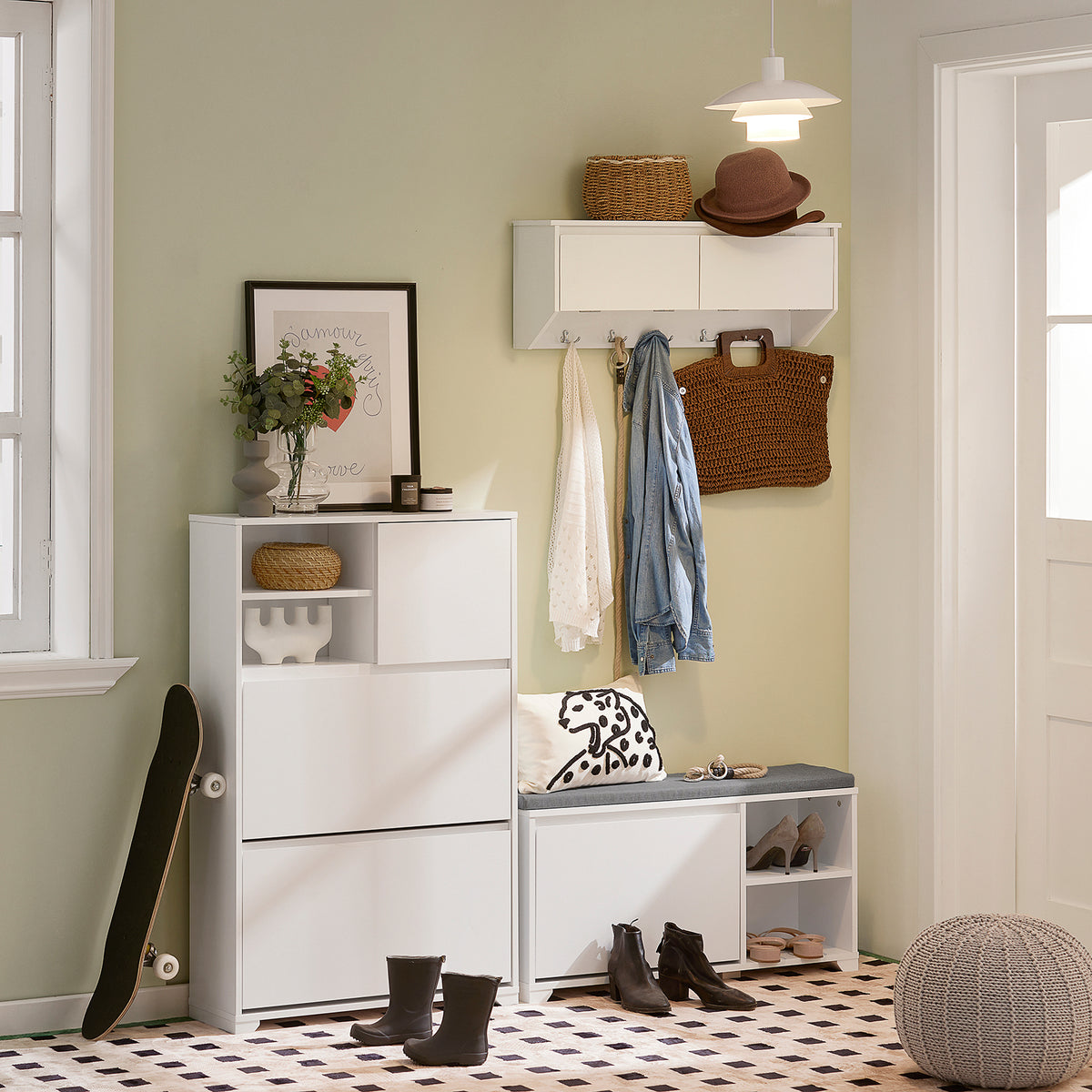 SoBuy FSR111-W Armoire à Chaussures 2 Abattants, 2 Compartiments Ouverts et 1 Porte pour Entrée Couloir, Blanc