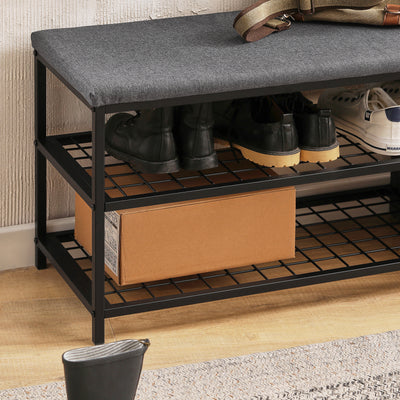SoBuy FSR113-N Étagère à Chaussures, Banc de Vestiaire Étroit, avec Coussin Rembourré, 2 Étagères en Maille et 2 Compartiment Ouvert