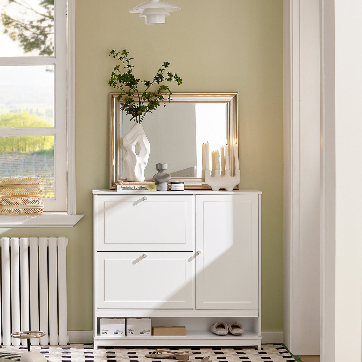 SoBuy FSR114-W Armoire à Chaussures 2 Abattants, 1 Porte et 1 Compartiment Ouvert pour Entrée Couloir – Blanc