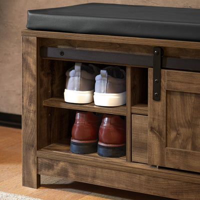 SoBuy FSR118-N Banc à Chaussures avec Porte de Grange Coulissante, Tiroir et Coussin Rembourré pour Entrée – 101x35x46 cm, Naturel