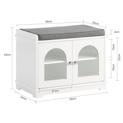 SoBuy FSR121-W Banc pentru Pantofi cu Pernă Căptușită, 2 Uși din Sticlă și 4 Rafturi pentru Hol – 60x35x45 cm, Alb