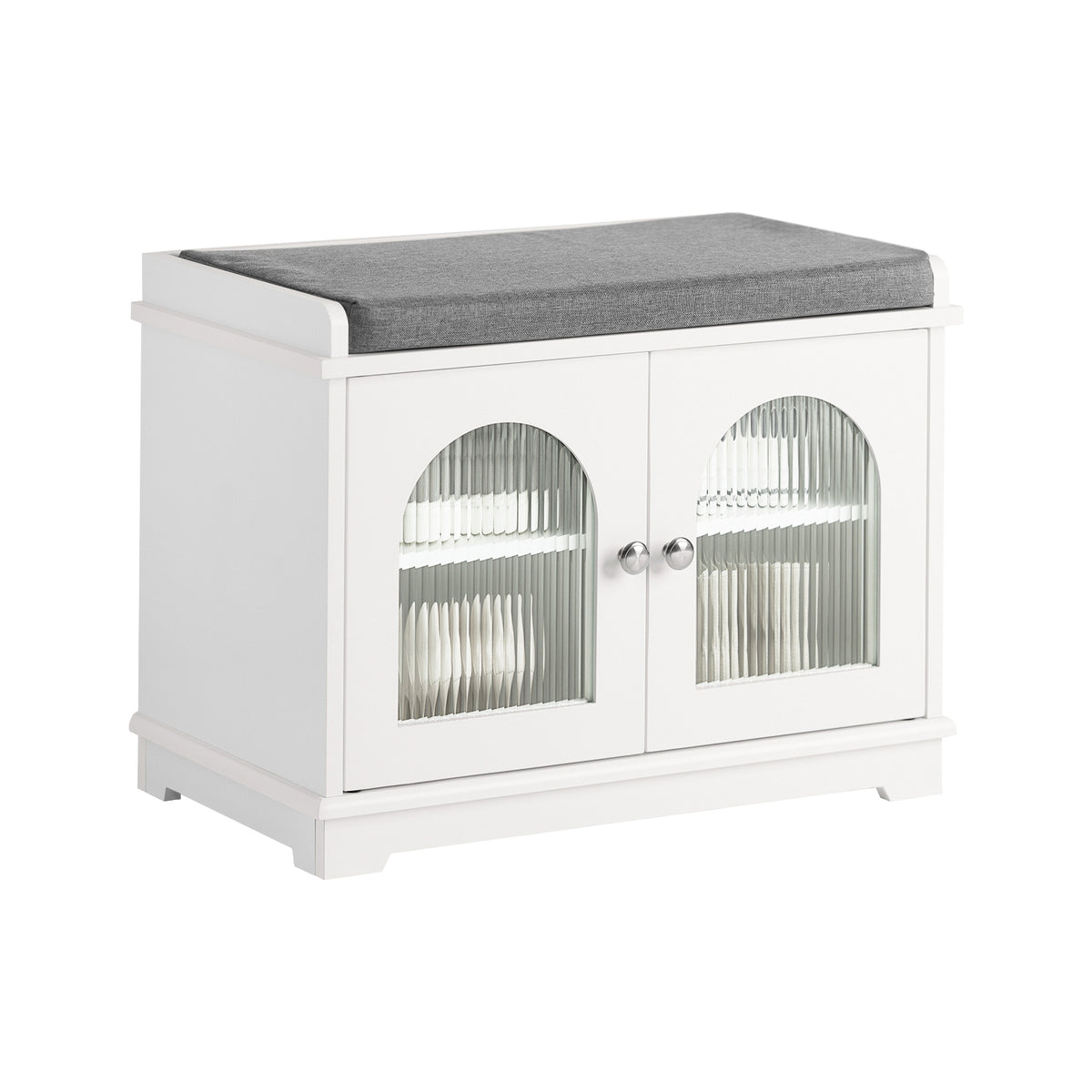 SoBuy FSR121-W Banc à Chaussures avec Coussin Rembourré, 2 Portes Vitrées et 4 Étagères pour Entrée – 60x35x45 cm, Blanc