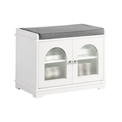 SoBuy FSR121-W Banc à Chaussures avec Coussin Rembourré, 2 Portes Vitrées et 4 Étagères pour Entrée – 60x35x45 cm, Blanc