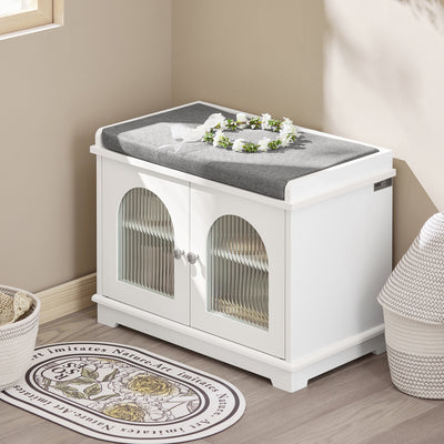 SoBuy FSR121-W Banc pentru Pantofi cu Pernă Căptușită, 2 Uși din Sticlă și 4 Rafturi pentru Hol – 60x35x45 cm, Alb