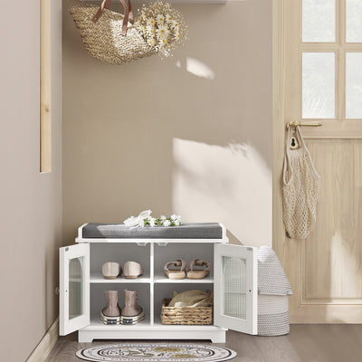 SoBuy FSR121-W Banc pentru Pantofi cu Pernă Căptușită, 2 Uși din Sticlă și 4 Rafturi pentru Hol – 60x35x45 cm, Alb