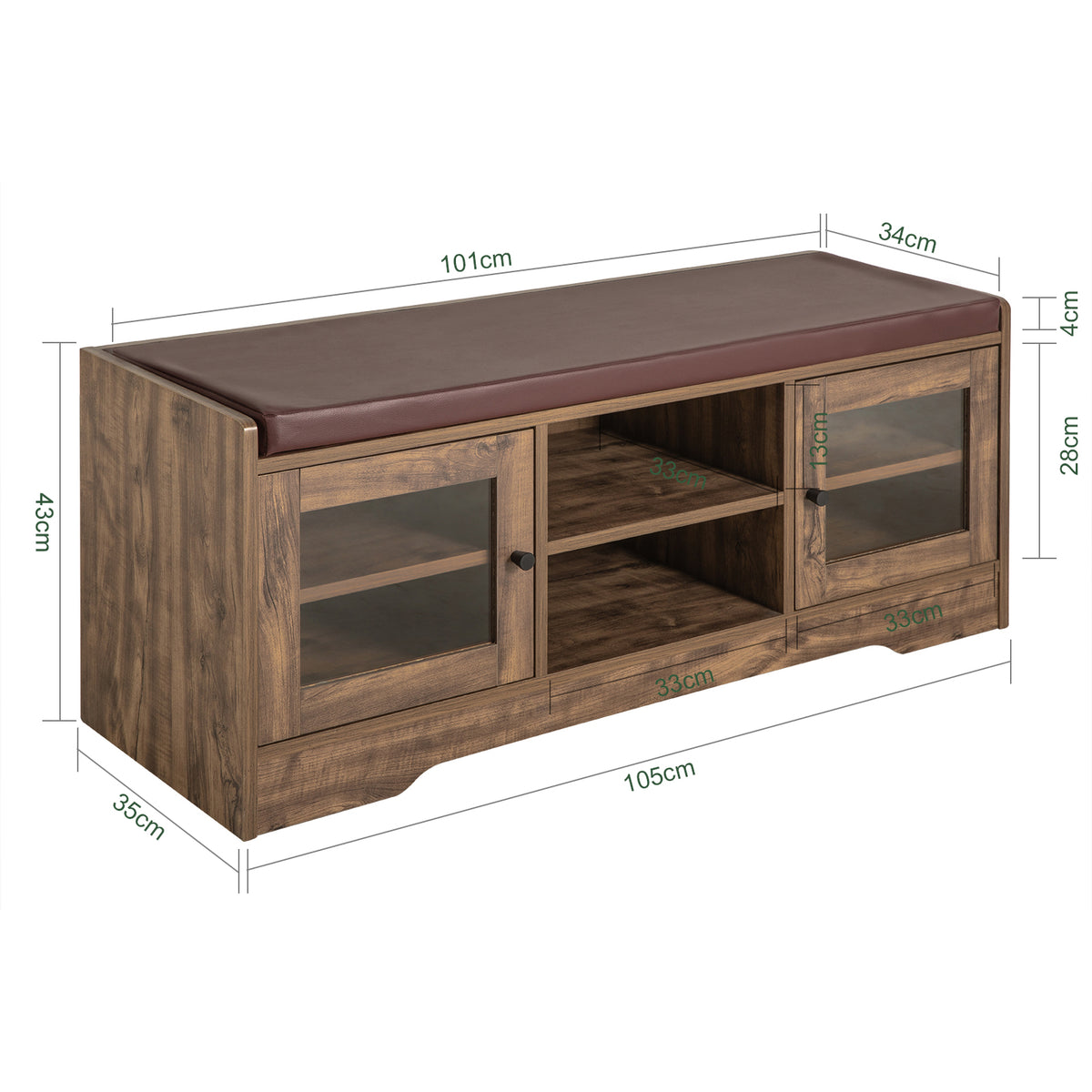 SoBuy FSR122-N Banc de depozitare, Dulap de Pantofi de Intrare cu Șezut Căptușit, 2 Uși din Sticlă și 6 Rafturi, Maro Rustic
