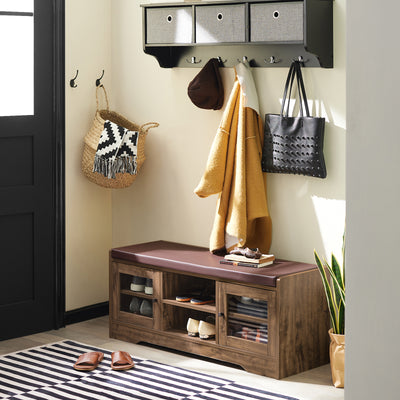 SoBuy FSR122-N Banc de depozitare, Dulap de Pantofi de Intrare cu Șezut Căptușit, 2 Uși din Sticlă și 6 Rafturi, Maro Rustic