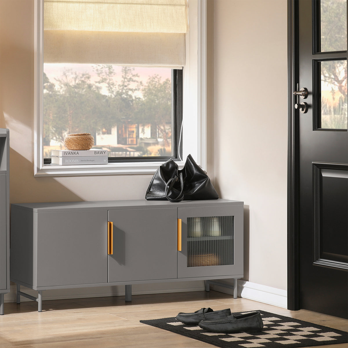 SoBuy FSR130-HG Banc à chaussures, Meuble Bas d'Entrée, Meuble TV, avec 3 Portes et Étagères Réglables