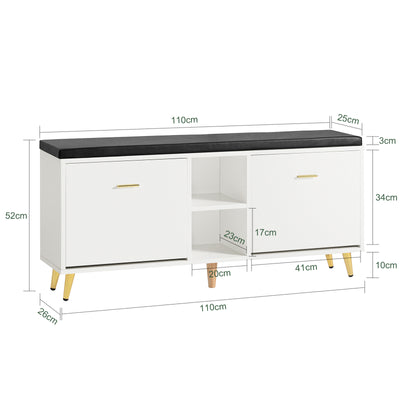 SoBuy FSR132-W Banc pentru Pantofi cu Pernă din PU, 2 Compartimente Rabatabile și 2 Compartimente Deschise, pe Picioare Aurii pentru Hol – 110x26x52 cm, Alb