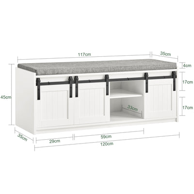 SoBuy FSR133-W Banc à Chaussures avec Porte de Grange Coulissante et 6 Compartiments pour Entrée – 120x35x45 cm, Blanc